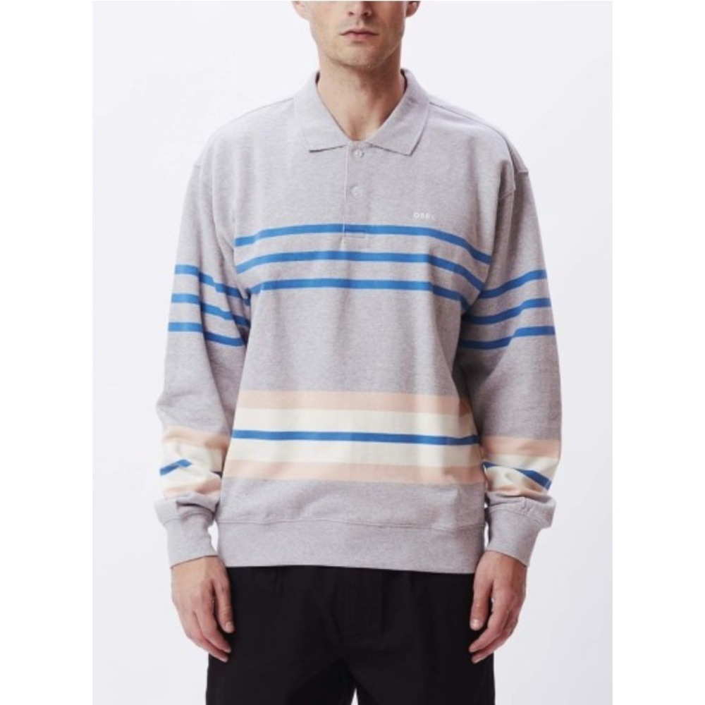 OBEY‎ Isso Striped Long Sleeve Polo Sweatshirt Heather Gray Organic Cotton M